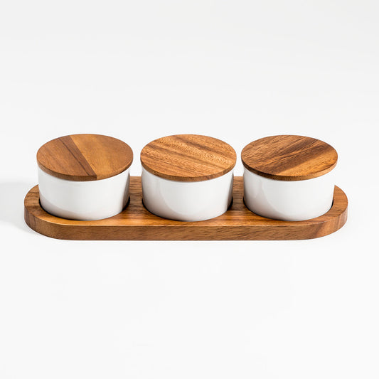 Ceramic Condiment Set on Acacia Wood Base 13" x 3.75"